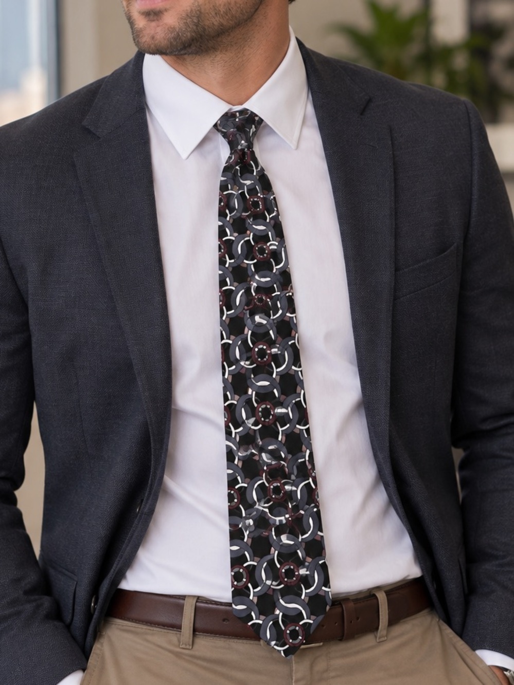 Italian Silk Geometric Necktie Black Gray Burgundy Made in USA